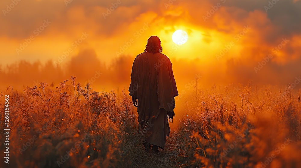 Fototapeta premium jesus man walking in a field at sunrise