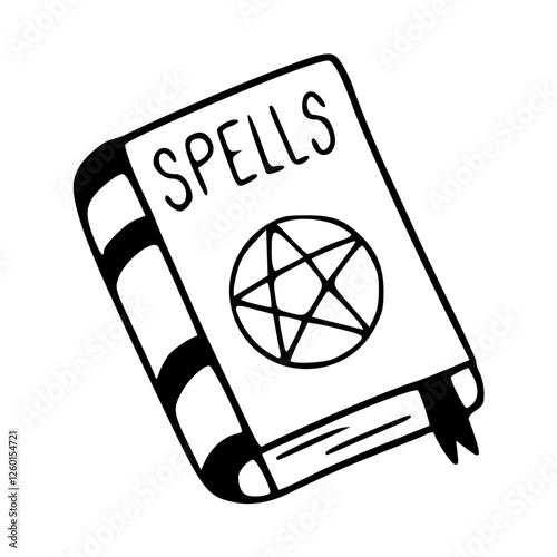 a black and white cartoon drawing of a magic spell book