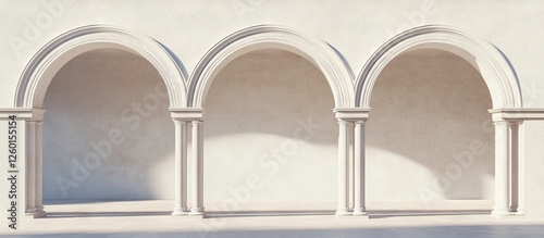 Mediterranean exterior architecture featuring three arched columns in soft beige tones against a textured light wall, enhancing minimalistic design.