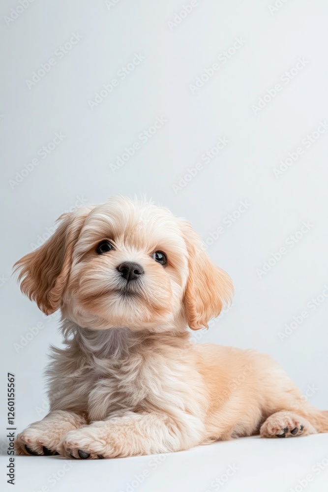 Cute puppy with fluffy fur resting calmly, showcasing charming e Cute puppy with fluffy fur resting calmly, showcasing charming e