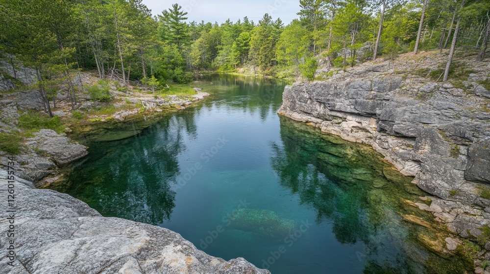 Serene Emerald Lake Nestled in a Rocky Cove Serene Emerald Lake Nestled in a Rocky Cove