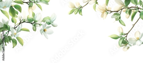 Wallpaper Mural Delicate magnolia flower branch with white blossoms and vibrant green leaves gracefully arranged on a pristine white background illuminating springtime beauty. Torontodigital.ca