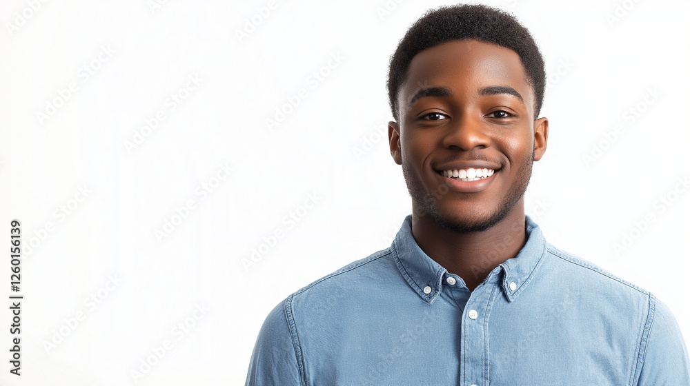 Young man in a blue button up shirt smiling confidently while standing in front of a white background Young man in a blue button up shirt smiling confidently while standing in front of a white background