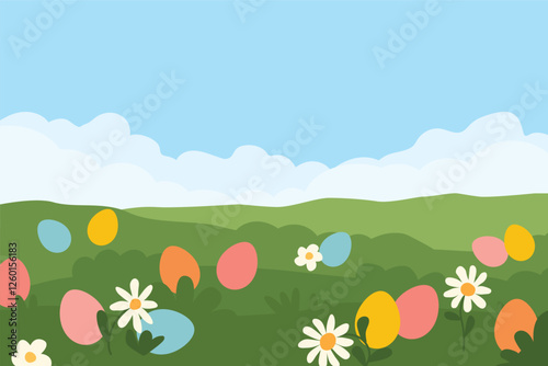 spring meadow landscape with colorful easter eggs, tradition of egg hunt; hiding eggs for children to find- vector illustration