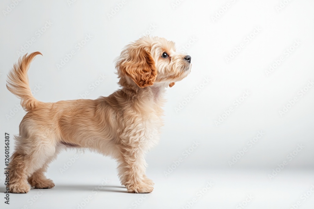 Curious puppy stands elegantly against soft backdrop, showcasing Curious puppy stands elegantly against soft backdrop, showcasing
