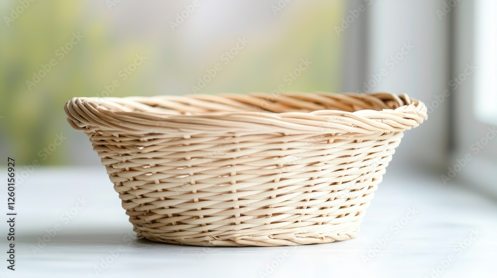 Empty light beige wicker basket on white surface near window Empty light beige wicker basket on white surface near window