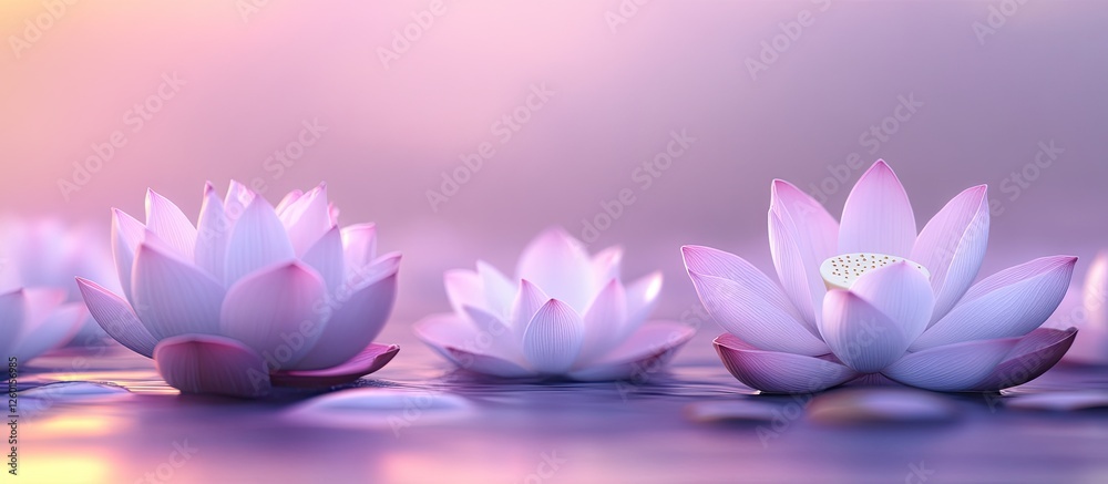 Serene composition of pink and light purple lotus flowers floating on calm water with a soft purple background and sparkling light reflections. Serene composition of pink and light purple lotus flowers floating on calm water with a soft purple background and sparkling light reflections.