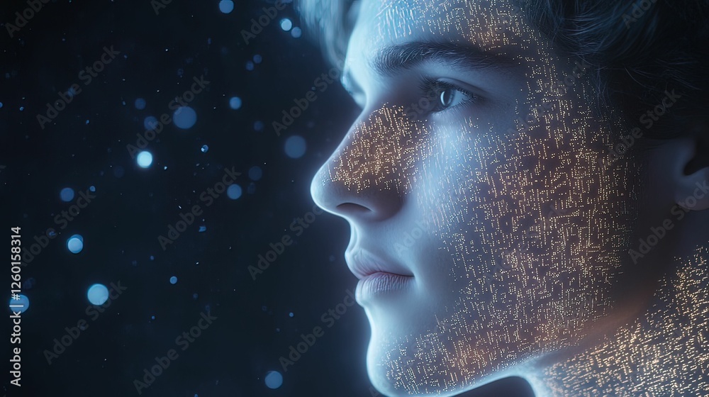 A profile of a young man is adorned with glowing particles, creating a mesmerizing, ethereal effect against a dark background. A profile of a young man is adorned with glowing particles, creating a mesmerizing, ethereal effect against a dark background.