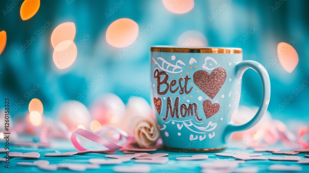 A vibrant blue mug with Best Mom glitter text, decorated with pink hearts, surrounded by a romantic bokeh background. Perfect for Mother's Day celebrations. AI generated.