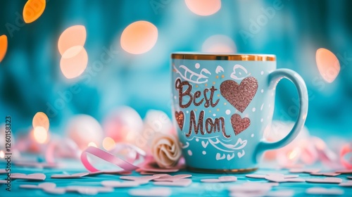 Obraz na płótnie A vibrant blue mug with Best Mom glitter text, decorated with pink hearts, surrounded by a romantic bokeh background. Perfect for Mother's Day celebrations. AI generated. w salonie
