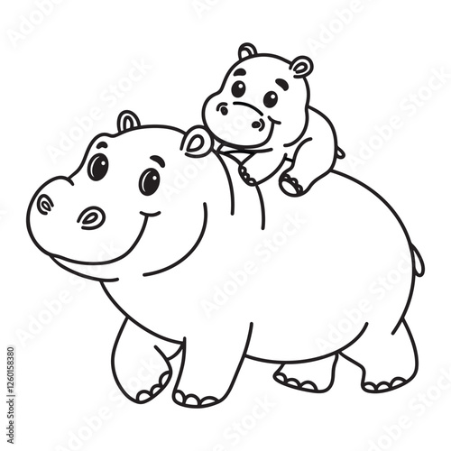 Line art of baby hippo riding on her mother hippo's back cartoon vector