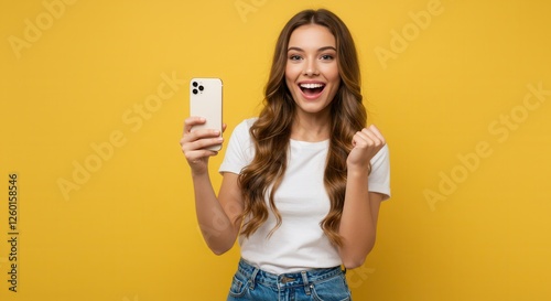 Young woman over isolated yellow background with phone in victory position photo