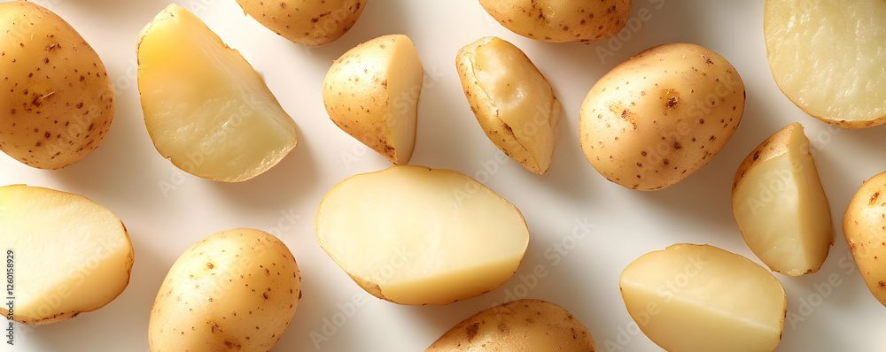 Fototapeta premium Sliced yellow potatoes on white background