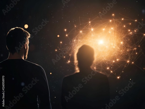 Two figures gaze at a celestial scene filled with stars and cosmic formations, evoking a sense of wonder and exploration of the universe.