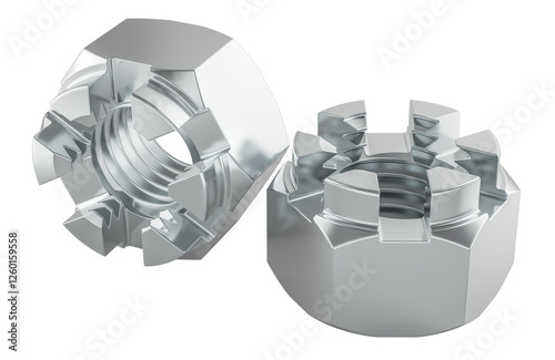 Two castellated nuts, 3D rendering isolated on transparent background