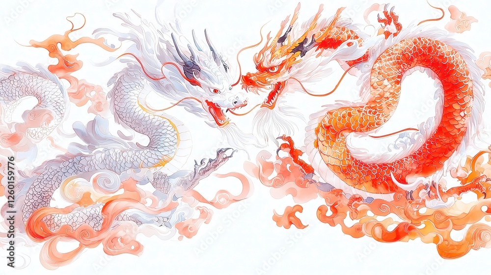 Obraz premium Celestial Harmony, A captivating ink brush artwork depicting a dragon and phoenix in an eternal dance, symbolizing balance and unity in Chinese mythology, vibrant watercolor hues
