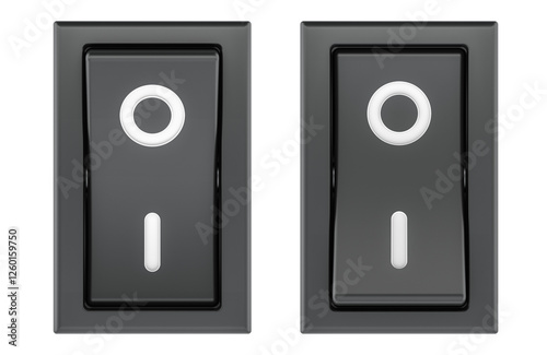 ON and OFF Switch Black Rocker. Front view, 3D rendering isolated on transparent background