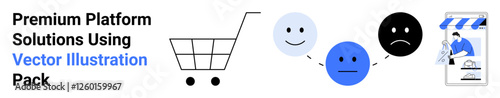 Shopping cart connects to emotive faces happy, neutral, sad leading to an online storefront. Ideal for e-commerce, consumer feedback, user experience, retail analysis, CRM, online reviews flat
