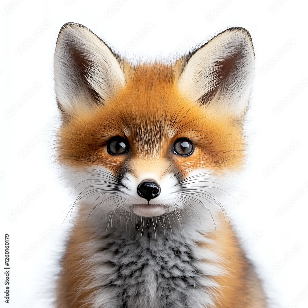 Obraz premium Cute red fox kit portrait, white background, wildlife, animal photography