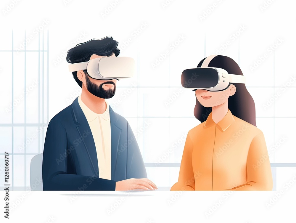 Two individuals wearing virtual reality headsets engage in a shared experience, showcasing the immersive technology in a modern setting. Two individuals wearing virtual reality headsets engage in a shared experience, showcasing the immersive technology in a modern setting.