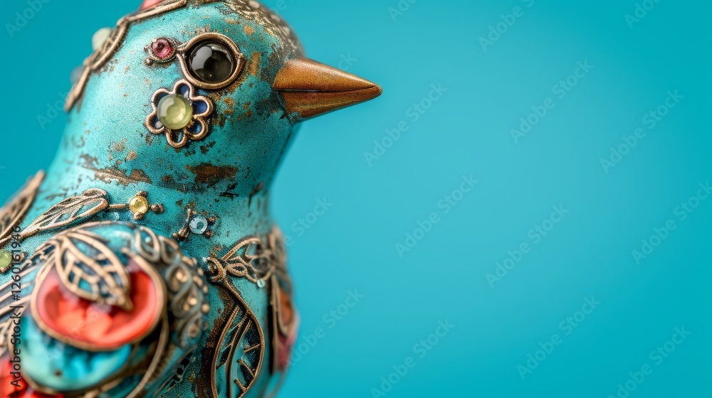 Naklejka premium A highly detailed metallic bird figurine adorned with colorful ornaments, set against a clean turquoise backdrop. The intricate craftsmanship stands out. AI generated.