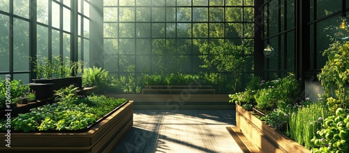 Bright and spacious healthcare facility with lush green herb beds in wooden planters and large glass windows allowing natural light to enhance wellness