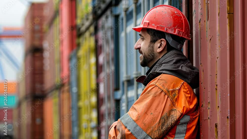 A dock worker wearing a hard hat and safety vest stands calmly next to colorful shipping containers, gazing thoughtfully as activity unfolds around the harbor. A dock worker wearing a hard hat and safety vest stands calmly next to colorful shipping containers, gazing thoughtfully as activity unfolds around the harbor.