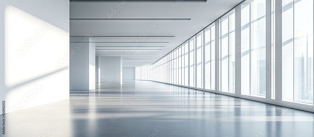Obraz premium Spacious interior of a modern building featuring white walls, expansive glass windows, soft natural light casting shadows on a polished floor.