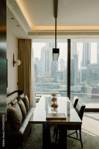 Canvas Print A stylish dining space with panoramic views of Dubai’s skyline