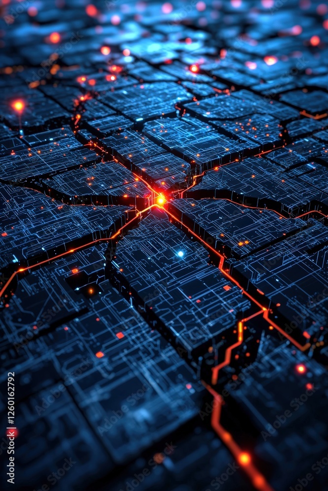 A conceptual visualization of a network breach with glowing cracks and alarms, A conceptual visualization of a network breach with glowing cracks and alarms,