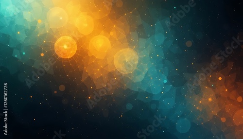 Abstract Background with Glowing Orange and Teal Polygonal Network and Bokeh Lights