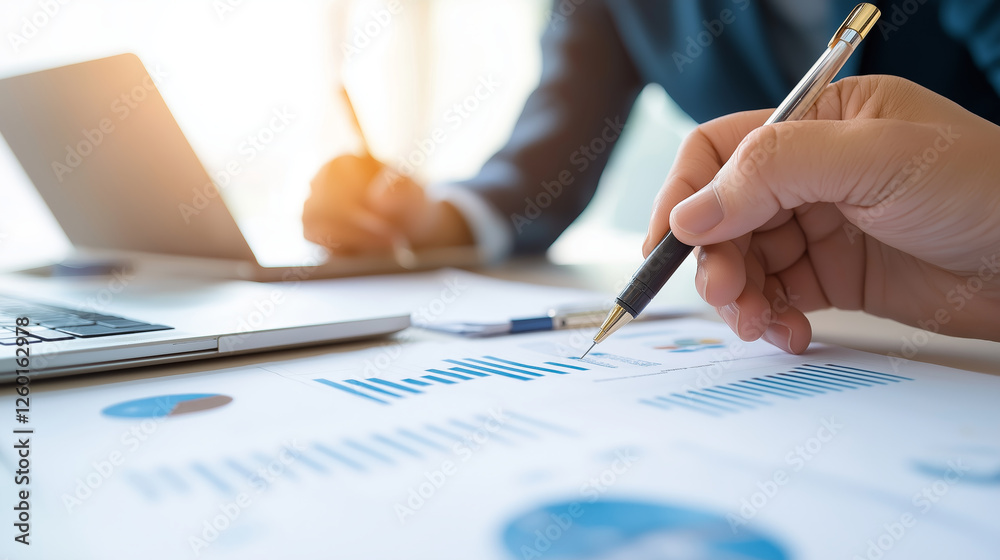 Collaborative business meeting with hands analyzing graphs and charts Collaborative business meeting with hands analyzing graphs and charts