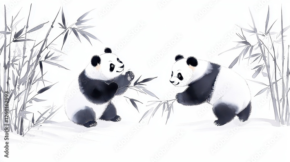 Fototapeta premium Playful Pandas in Bamboo Grove, charming ink illustration of two pandas joyfully rolling among lush bamboo stalks, vibrant watercolor accents enhance the lively scene