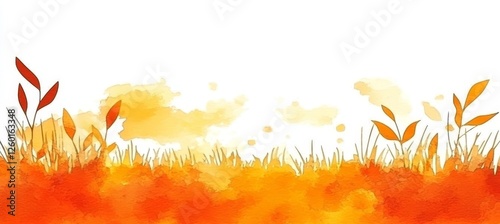 Gentle Autumn Landscape With Watercolor Texture, Delicate Floral Silhouette On Light Orange Backdrop