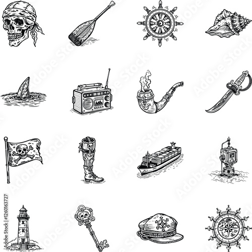 Set of Vintage Style Pirate Tattoo Icons 

