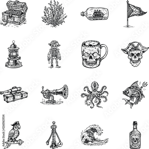 Collection of Vintage Style Sailor Equipment Icons 

