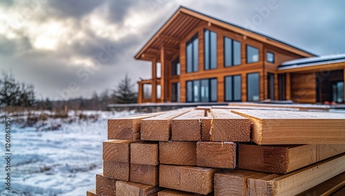 Wooden House Construction: Lumber Stacked for New Home Build in Snowy Winter Landscape