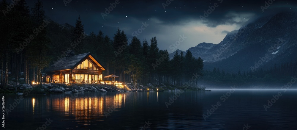 Mountain lake house illuminated at night surrounded by trees and mountains reflecting on the serene water under a starry sky with soft clouds Mountain lake house illuminated at night surrounded by trees and mountains reflecting on the serene water under a starry sky with soft clouds