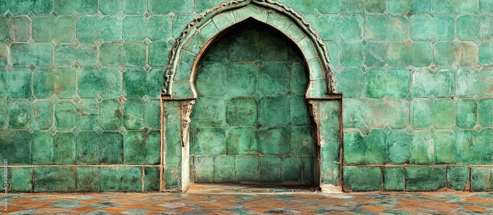 Obraz premium Moorish arch in verdant green tiles creates a striking backdrop, highlighting intricate designs and rich textures against a soft golden floor.
