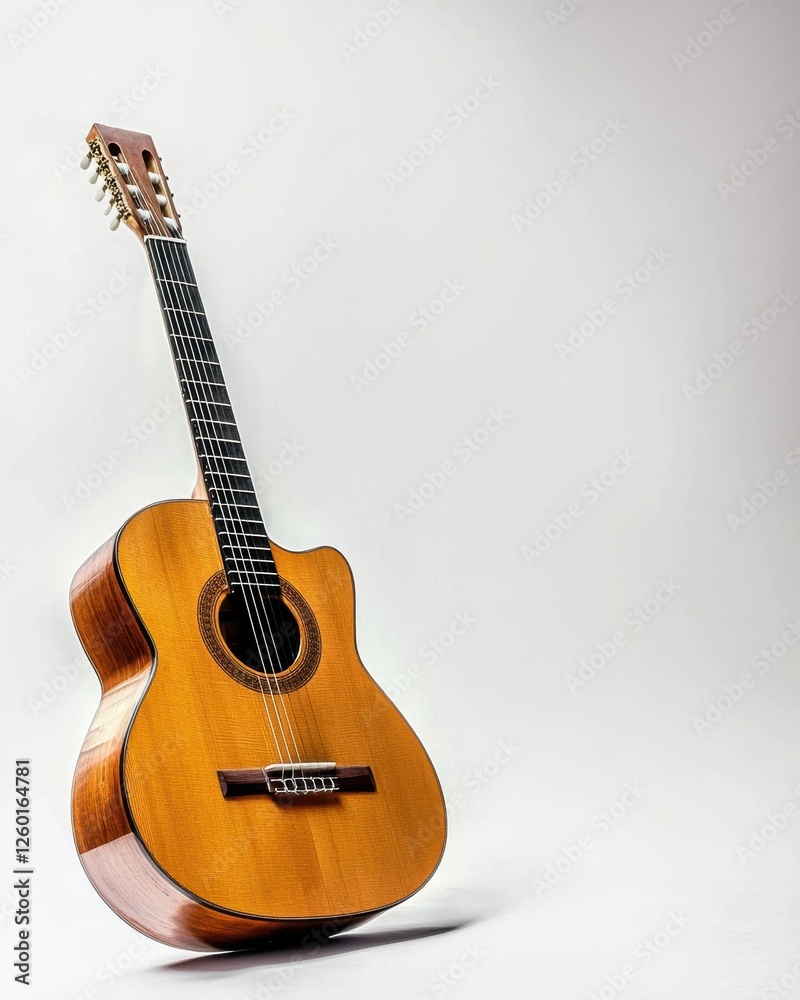 Naklejka premium Charming Small Wooden Guitar Perfectly Placed on a Clean White Surface for Minimalist Design Enthusiasts