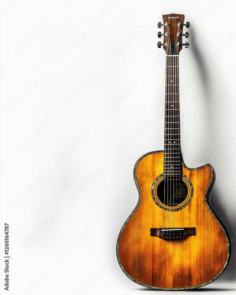 Fototapeta premium Stunning Isolated Guitar Artistry: A Beautiful Piece Hanging Elegantly on the Wall