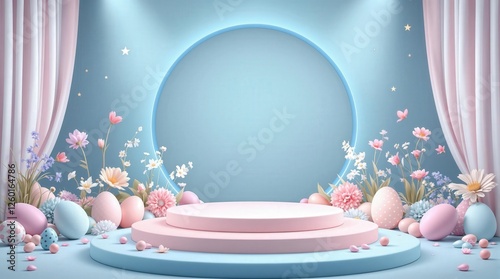 Charming spring-themed backdrop with pastel colors, floral accents, and decorative Easter eggs, perfect for festive celebrations or spring promotions