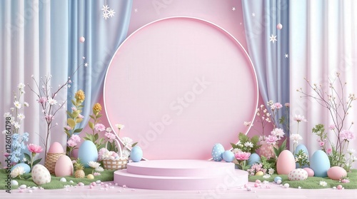 Charming spring-themed backdrop with pastel colors, floral accents, and decorative Easter eggs, perfect for festive celebrations or spring promotions