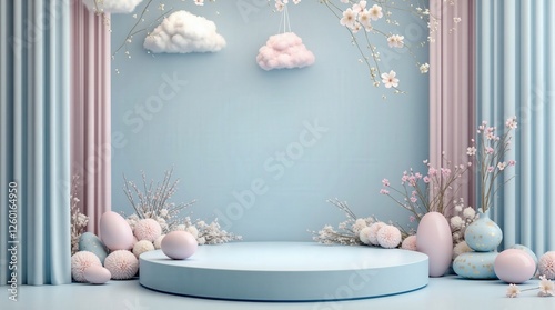 Charming spring-themed backdrop with pastel colors, floral accents, and decorative Easter eggs, perfect for festive celebrations or spring promotions