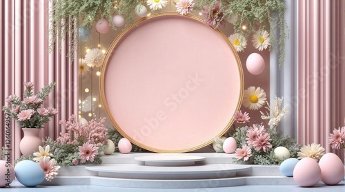 Charming spring-themed backdrop with pastel colors, floral accents, and decorative Easter eggs, perfect for festive celebrations or spring promotions
