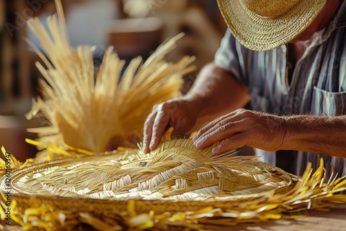 Craftsman working with vibrant straw material, weaving intricate patterns for summer hats, warm workshop environment, soft golden hues creating artistic ambiance photo