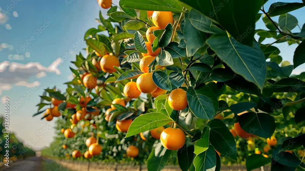 Lush orange trees bear ripe fruit under a clear sky while warm sunlight enhances the vibrant colors in the grove Lush orange trees bear ripe fruit under a clear sky while warm sunlight enhances the vibrant colors in the grove