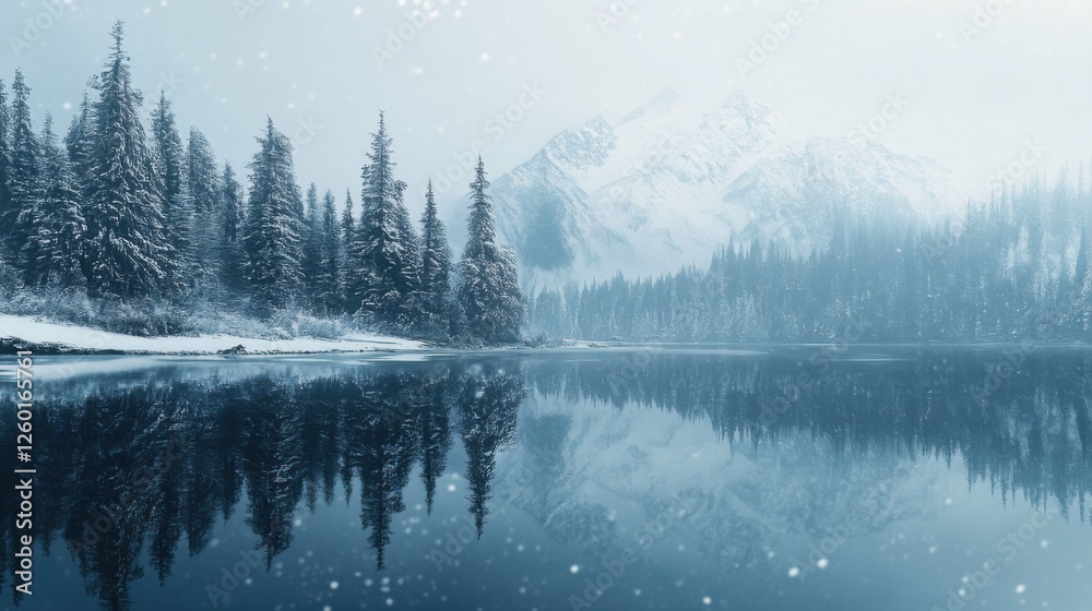 Fototapeta premium lake with snowy mountain reflections, cold tones, detailed water reflections, isolated natural beauty, grand and peaceful, serene and majestic, tranquil and quiet atmosphere