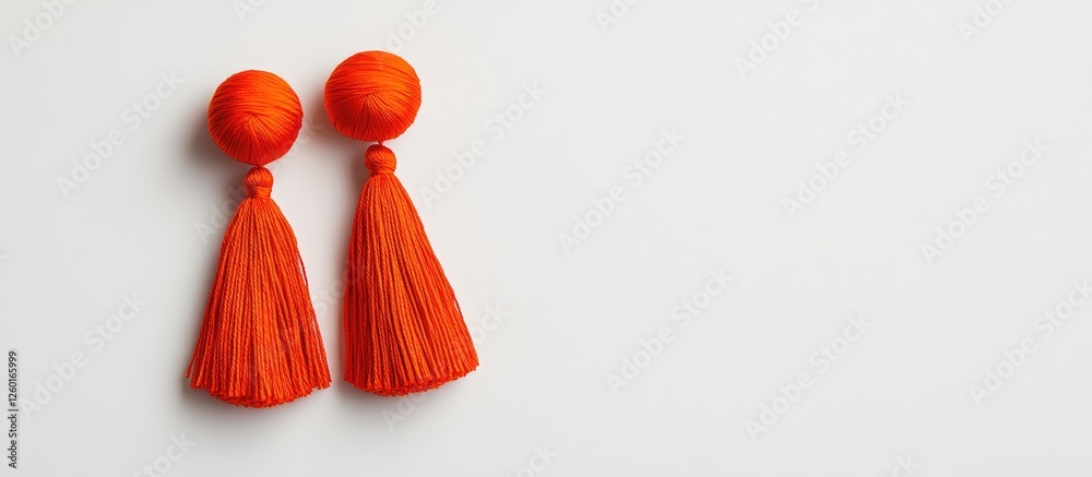 Bright orange tassel earrings featuring round tops, positioned to the left of a clean white background, highlighting their vibrant color and design.
