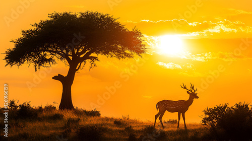 African Deer at Sunrise - Wildlife Silhouette Illustration. Generative Ai